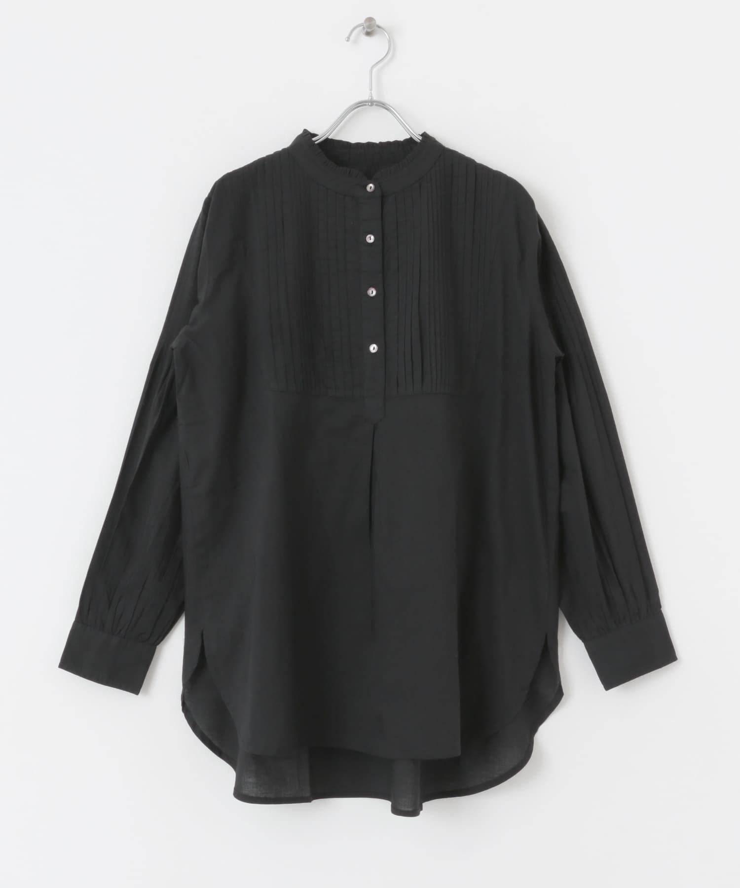 荷葉立領棉質打褶禮服襯衫(黑色-FREE-BLACK)