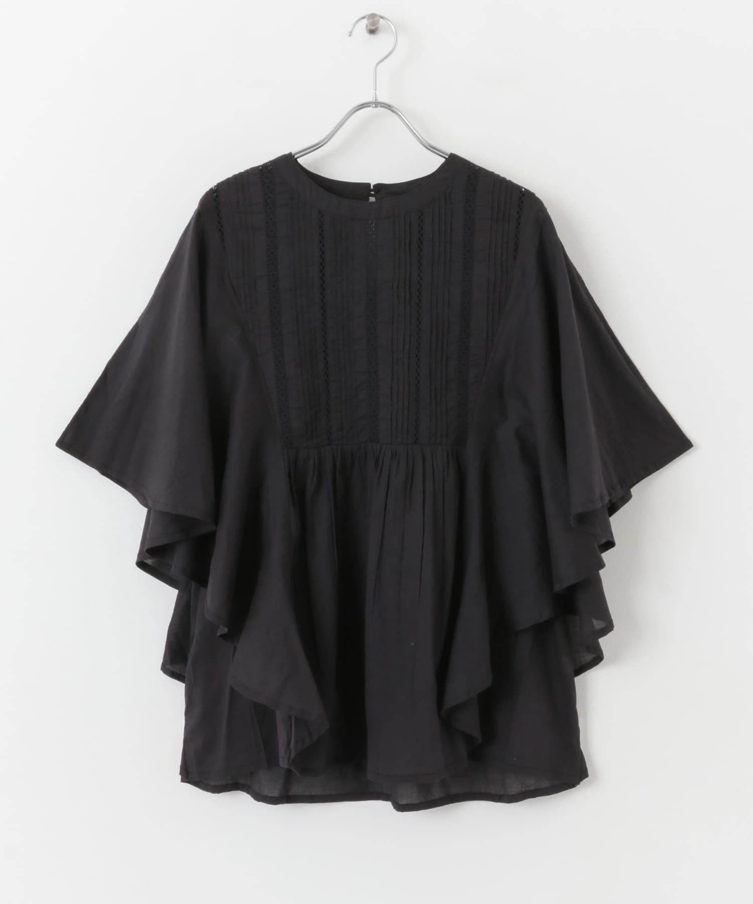 細褶蕾絲傘狀袖罩衫(黑色-FREE-BLACK)